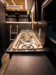 Large motorhome conversion by Custom Built Campervans Sheffield - professional van conversion showing interior and exterior craftsmanship