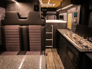 Large motorhome conversion by Custom Built Campervans Sheffield - professional van conversion showing interior and exterior craftsmanship