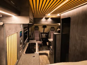 Large motorhome conversion by Custom Built Campervans Sheffield - professional van conversion showing interior and exterior craftsmanship