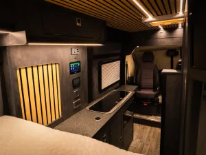 Large motorhome conversion by Custom Built Campervans Sheffield - professional van conversion showing interior and exterior craftsmanship