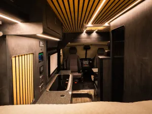 Large motorhome conversion by Custom Built Campervans Sheffield - professional van conversion showing interior and exterior craftsmanship