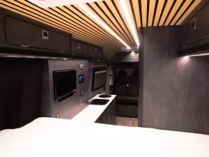 Large motorhome conversion by Custom Built Campervans Sheffield - professional van conversion showing interior and exterior craftsmanship