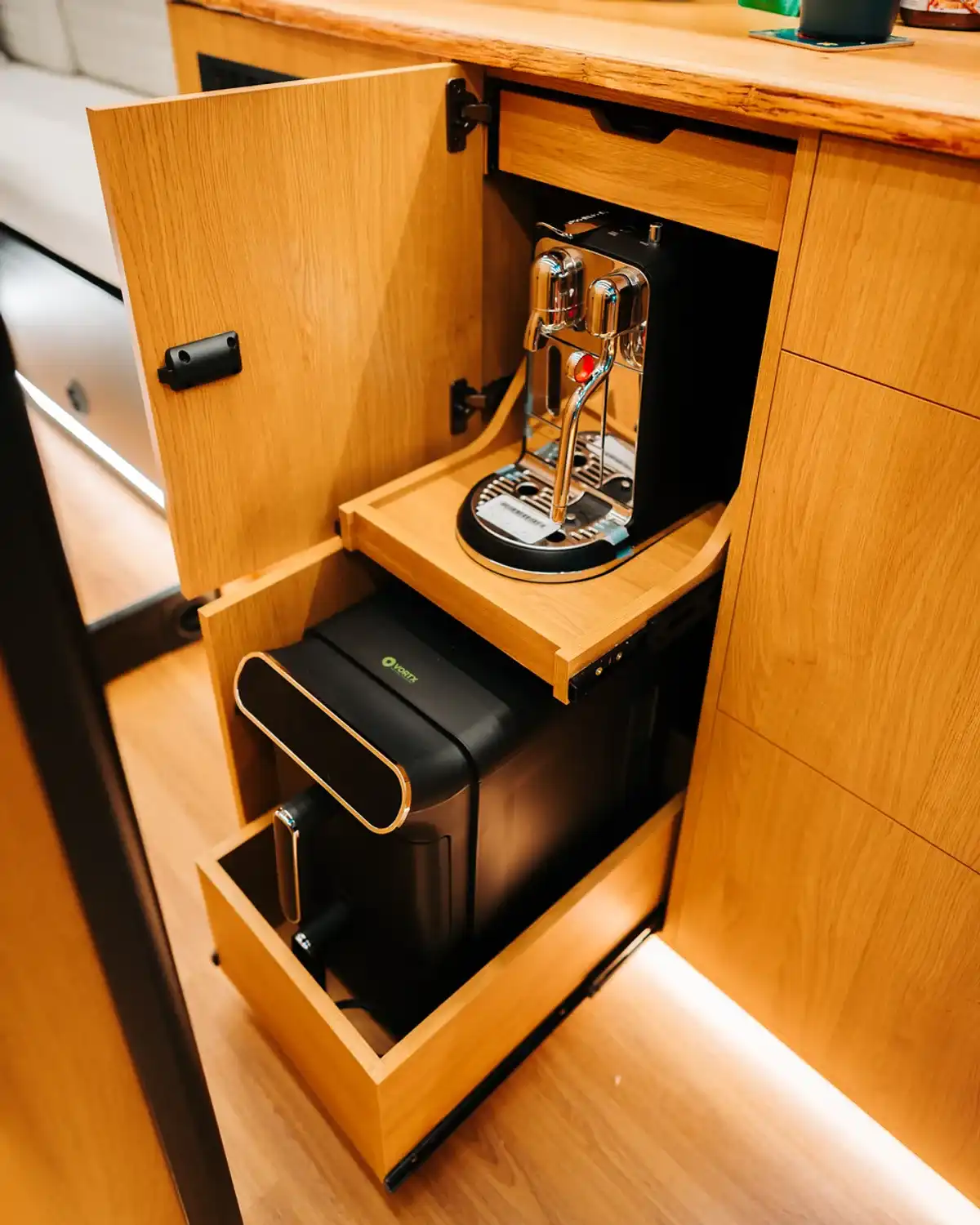 Coffee machine pull-out, bespoke 4x4 Mercedes Sprinter campervan