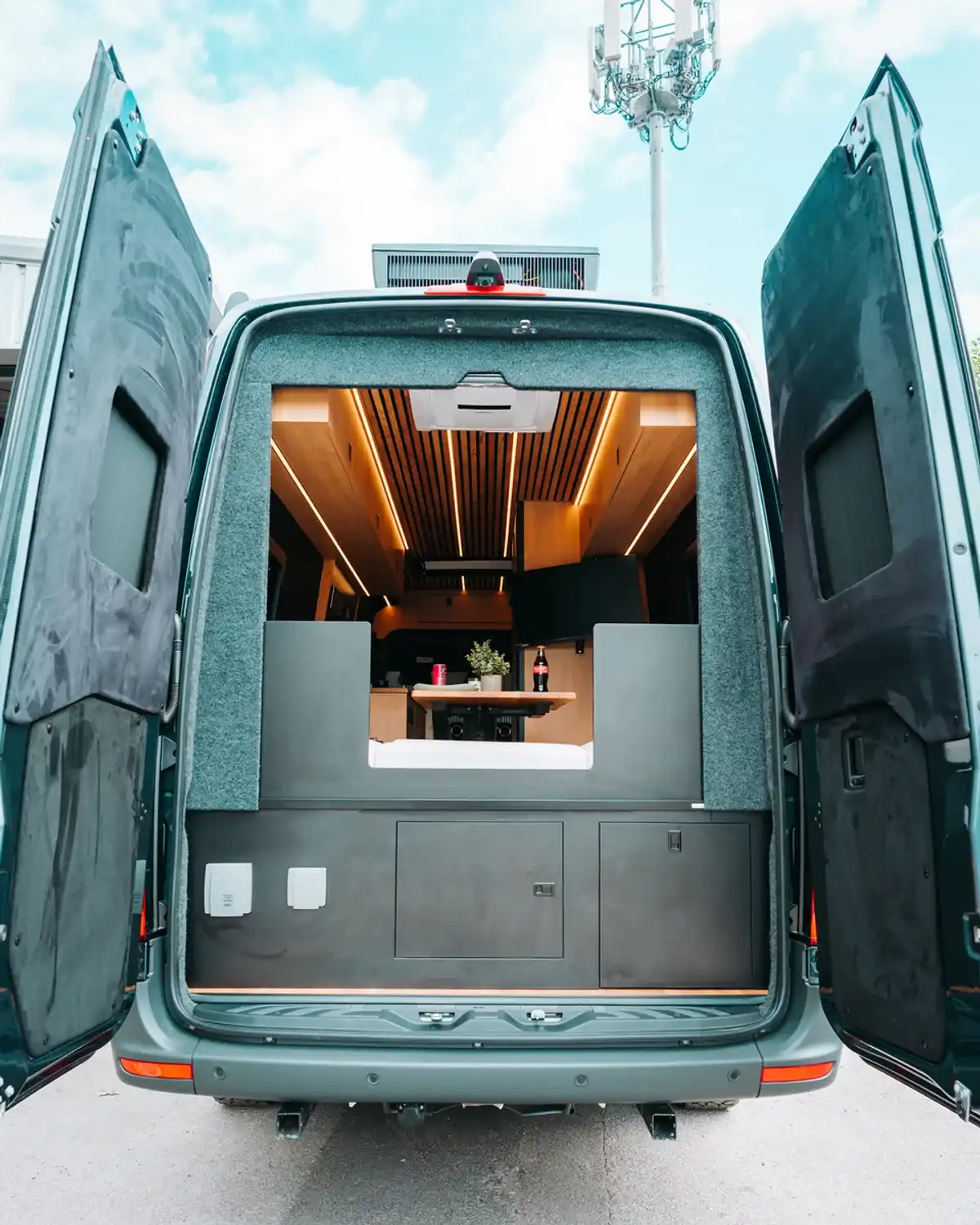 Back doors open, bespoke 4x4 Mercedes Sprinter campervan