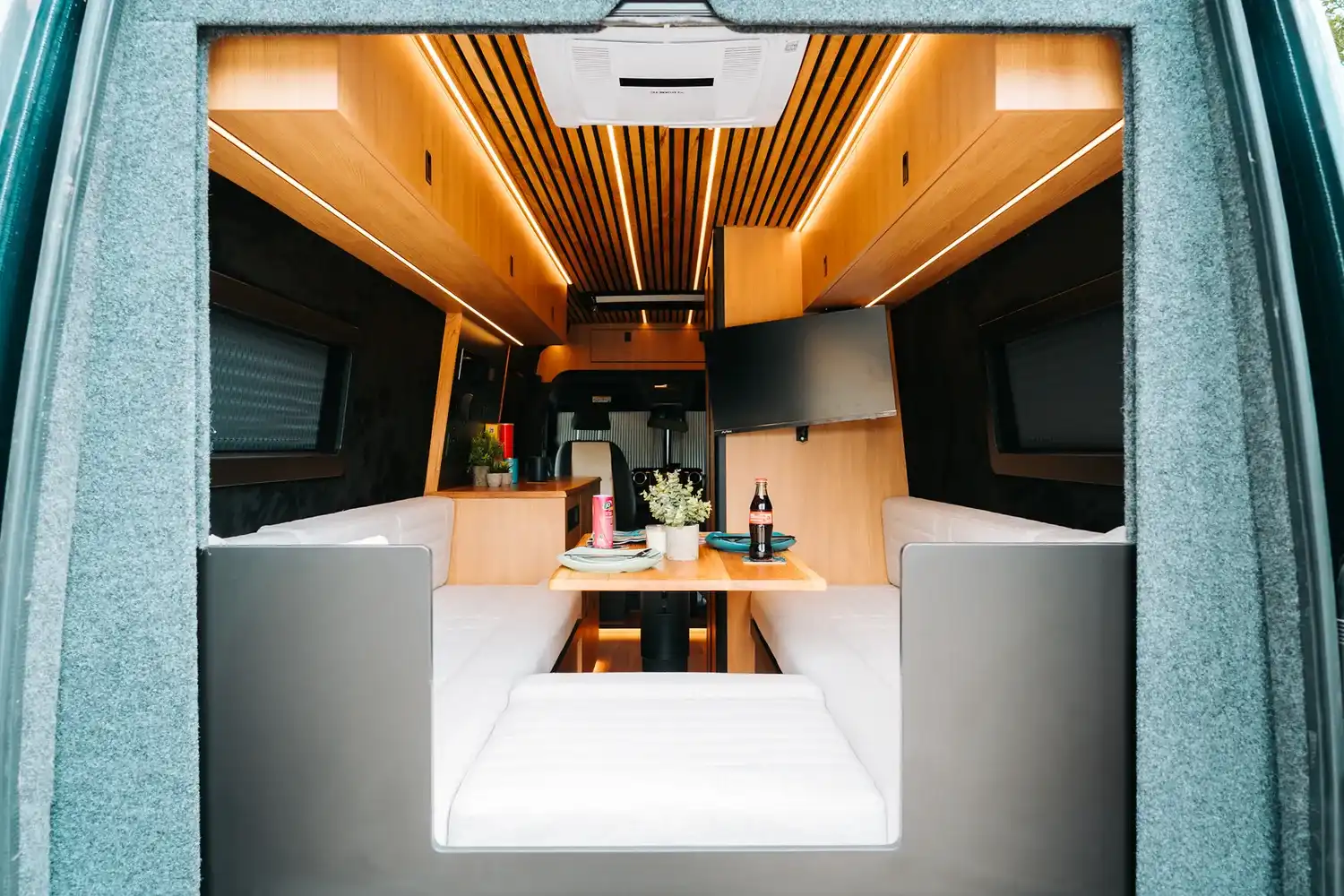 From the back doors, bespoke 4x4 Mercedes Sprinter campervan