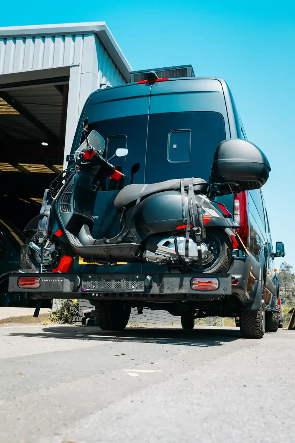 Scooter rack on the back, bespoke 4x4 Mercedes Sprinter campervan