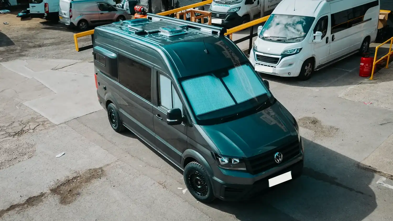 Ventus VW Crafter campervan from above, with solar panels and the awning